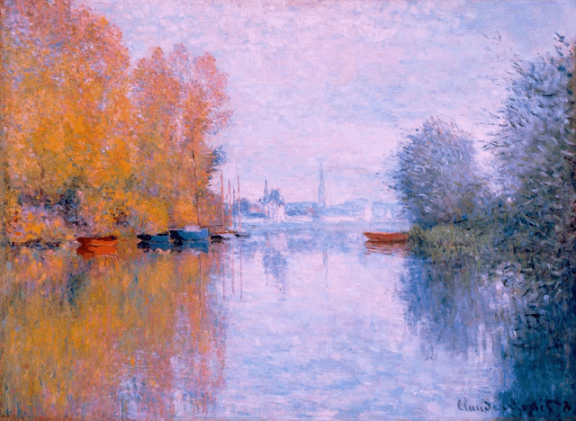 a painting by claude monet shows a river with boats and trees