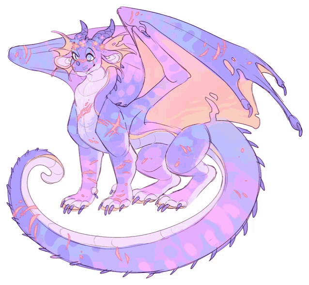 a drawing of a colorful dragon with a white tail