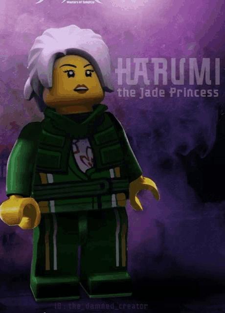 a lego character named harumi the jade princess stands in front of a purple background