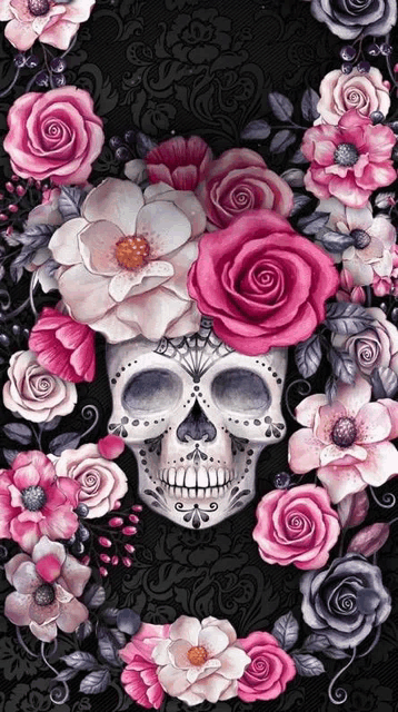 a sugar skull is surrounded by pink roses on a black background .