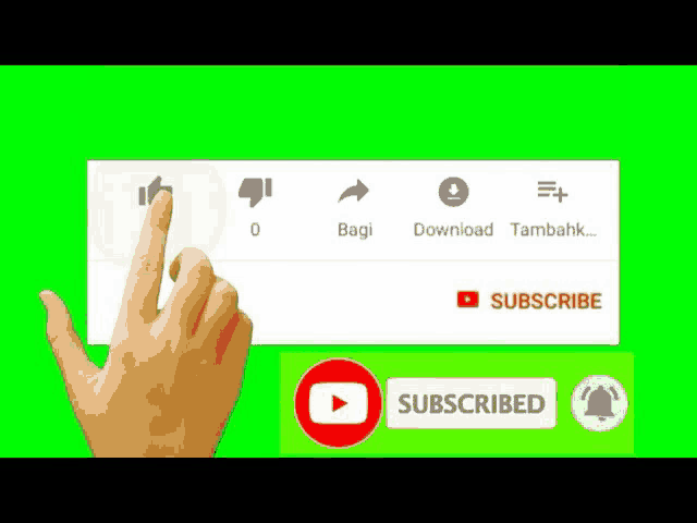 a hand is pointing at a subscribe button on a green screen