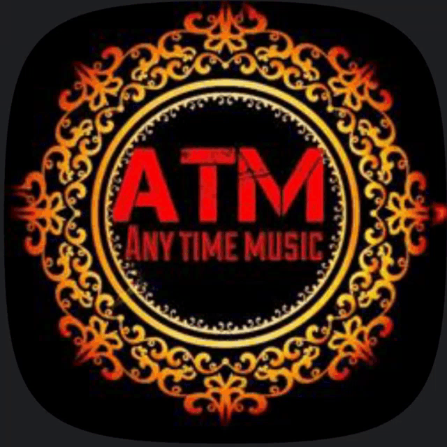 a logo for atm any time music with a gold circle around it