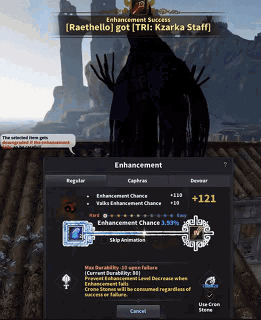 a screenshot of a game that says enhancement success [ raethello ] got [ tr : kzarka staff ]