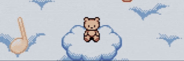 a teddy bear is sitting on top of a cloud in a video game