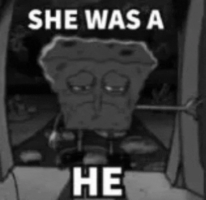 a black and white photo of a spongebob squarepants character with the words `` she was a he '' .