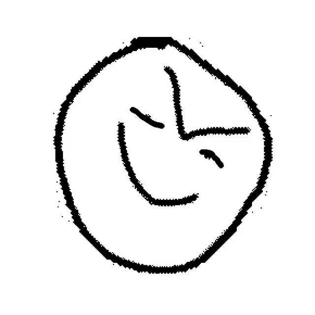 a black and white drawing of a smiley face in a circle on a white background