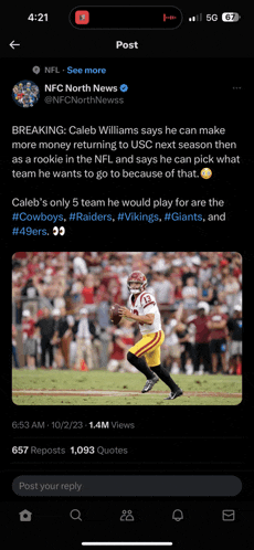 caleb williams says he can make more money returning to usc next season than as a rookie in the nfl