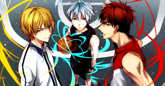 three anime basketball players stand next to each other