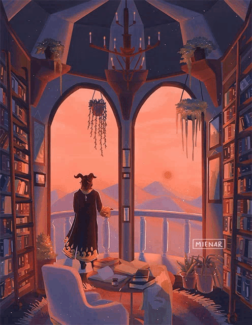 a painting of a woman standing in a library with a sign that says mienar