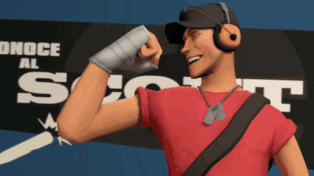 a man wearing headphones and a red shirt flexes his arm in front of a sign that says donde al scout