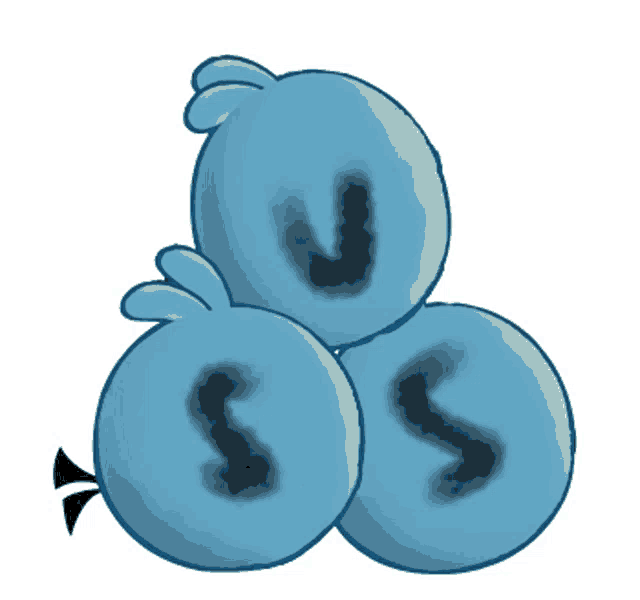 a cartoon drawing of three blue balls with the letters u and s on them