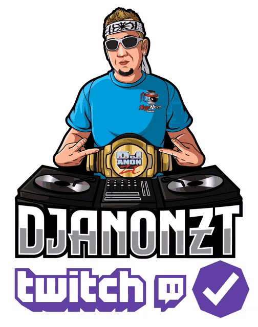 a cartoon of a dj holding a belt that says djanonzt on it