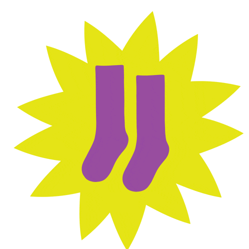 a pair of purple socks on a yellow starburst