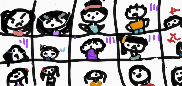 a drawing of a group of cartoon characters including a purple one