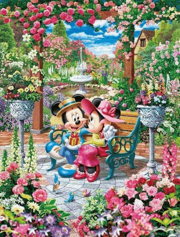 mickey mouse and minnie mouse sitting on a bench in a garden