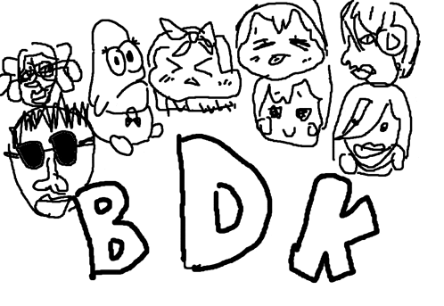 a black and white drawing of a group of people with the letters bdk in the middle