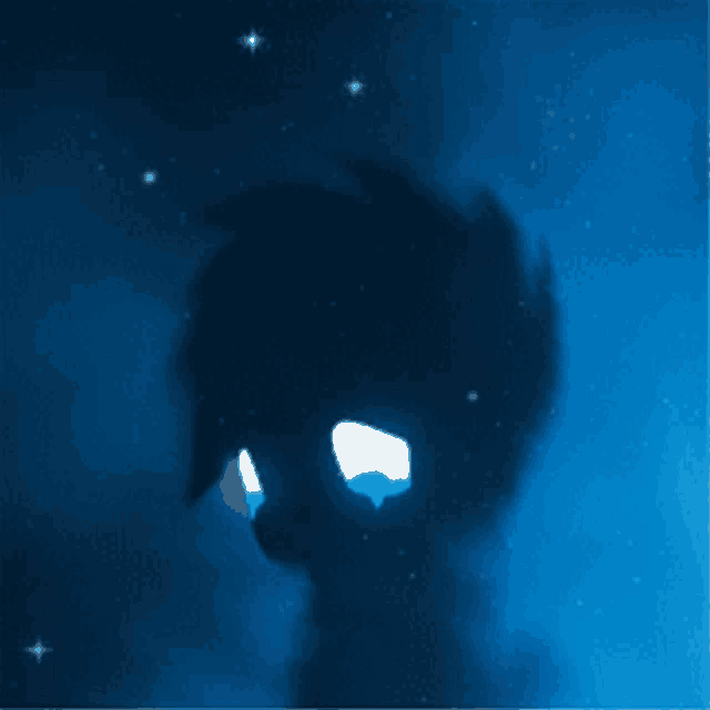 a blue background with a silhouette of a person with a white eye