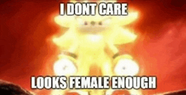 a picture of a cartoon character with the words `` i dont care looks female enough '' on it .