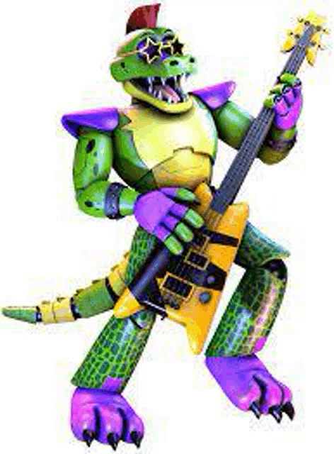 five nights at freddy 's rockstar gator is holding a guitar .