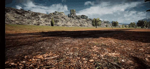 a dirt road going through a field with trees in the background