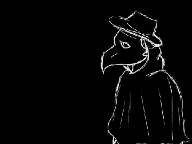 a black and white drawing of a bird wearing a hat and cape .