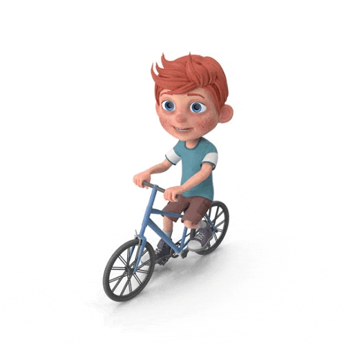 a cartoon boy is riding a blue bicycle