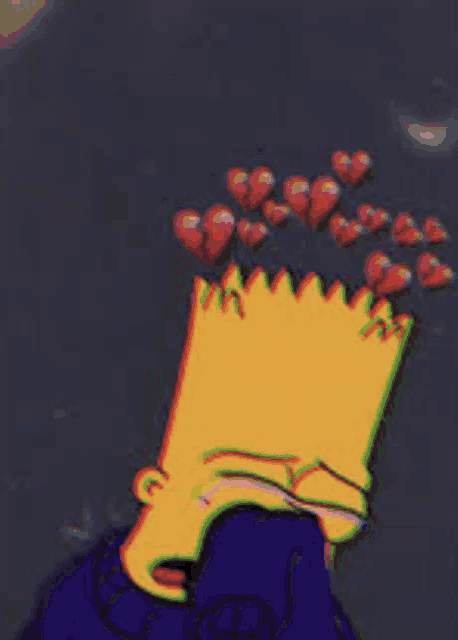 bart simpson is crying and has broken hearts on his head .