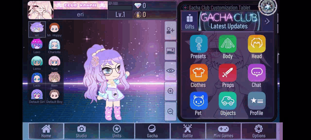 a gacha club app shows a girl with purple hair and glasses