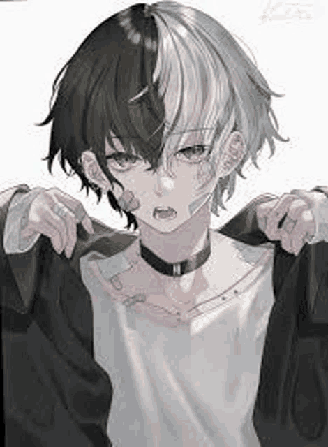 a black and white anime boy with a choker on his neck is holding his jacket .