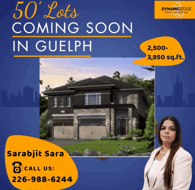 a dynamicedge real estate advertisement for 50 lots coming soon in guelph