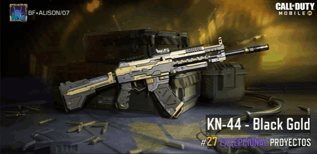 an advertisement for call of duty mobile shows a black gold rifle