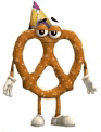 a pretzel with arms , legs and a party hat on .