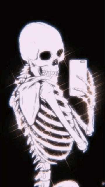 the skeleton is taking a selfie with a cell phone .