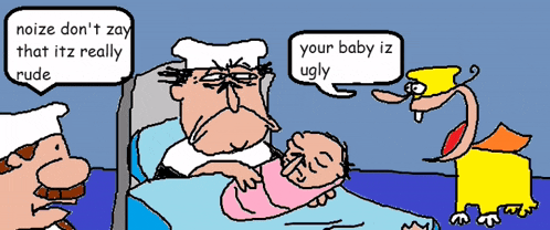 a cartoon of a man holding a baby with a speech bubble saying noize