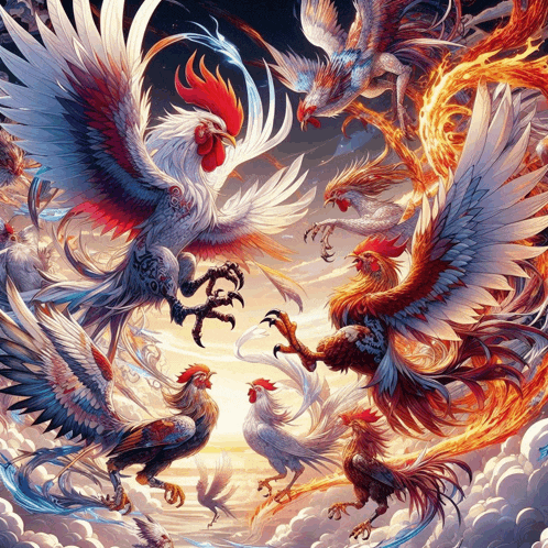 a painting of roosters fighting with their wings spread