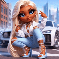 a doll is squatting down in front of a white car and giving a peace sign