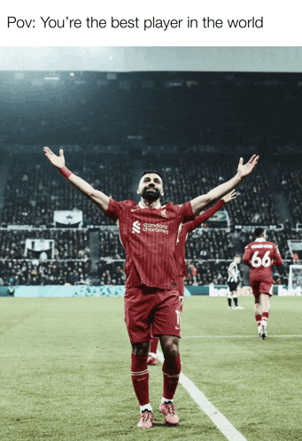 a soccer player with his arms outstretched in front of a crowd with the caption " you 're the best player in the world "