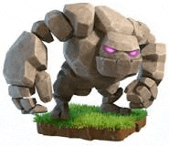 a clash of clans rock golem with purple eyes is standing on a block of grass .