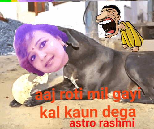 a picture of a woman and a dog with the words aaj roti mil gayi kali kaun dega astro rashmi