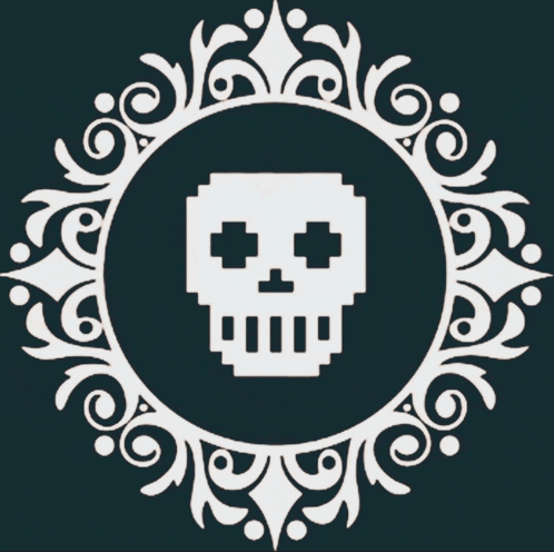 a pixelated skull in a circle with swirls