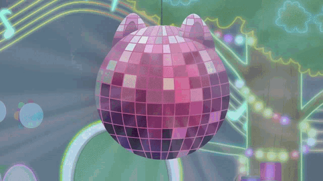 a pink disco ball is hanging from the ceiling in a cartoon scene