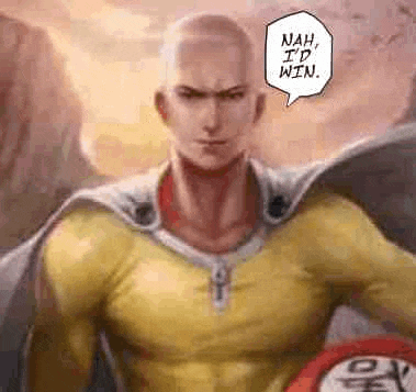 a bald man in a yellow superhero costume is holding a red ball and saying `` nah , id win '' .