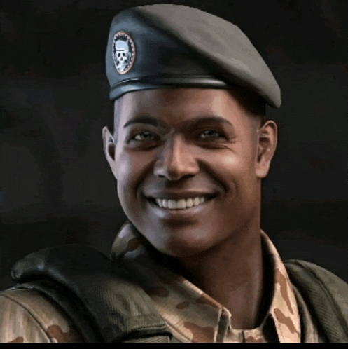 a man in a military uniform is smiling and wearing a beret with a skull on it