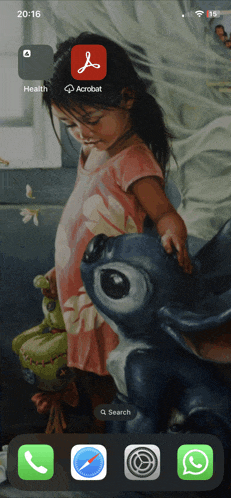 a phone screen shows a painting of a girl and stitch