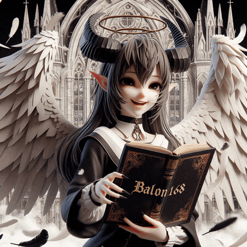 a girl with horns is holding a book that says balon188