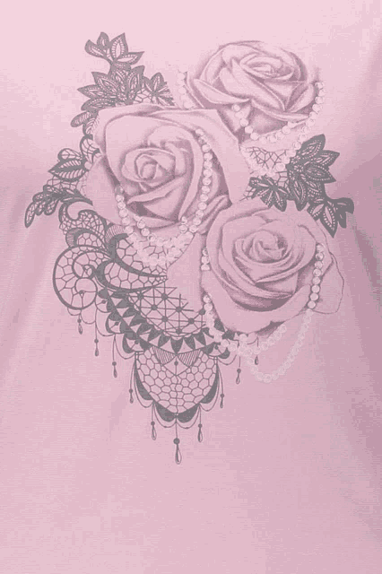 a pink shirt with roses and lace and pearls on it