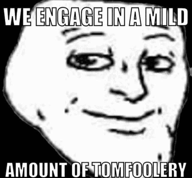 a troll face with the words we engage in a mild amount of tomfoolery