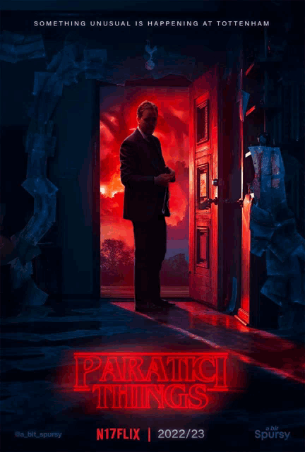 a poster for paratici things shows a man standing in front of a door