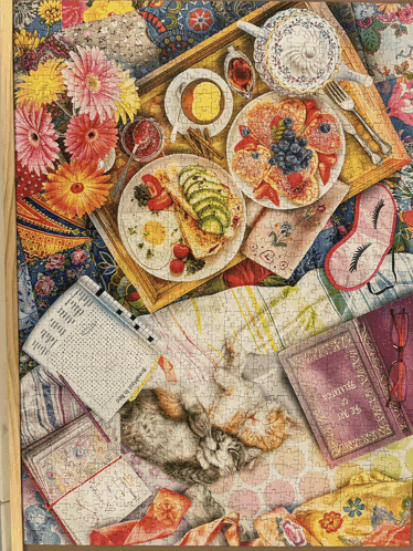 a painting of a cat laying on a blanket with a tray of food