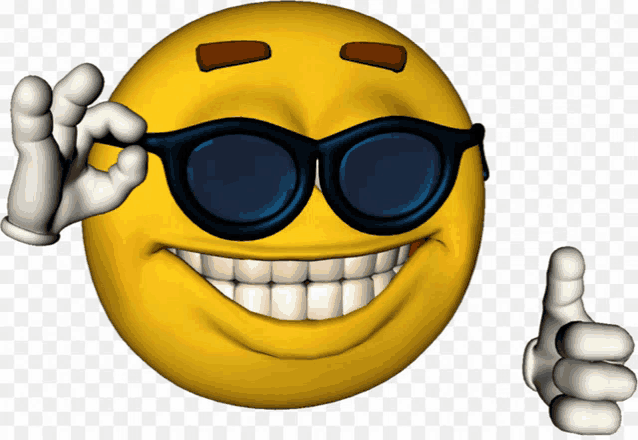 a cartoon smiley face wearing sunglasses and giving a thumbs up